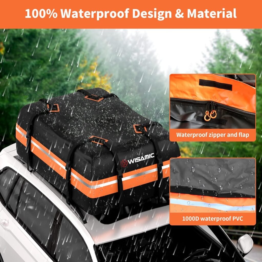 WISAMIC Rooftop Cargo Carrier 1000D PVC Car Roof Cargo Carrier Waterproof car top Carrier Ultimate Rooftop Cargo Bag Soft-Shell with Anti-Slip Mat for All Vehicles with/Without Racks (15 Cubic Feet)